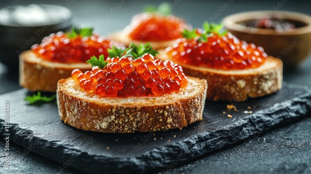 Gourmet red caviar bruschetta on a slate plate. Gourmet red caviar bruschetta on a slate plate.