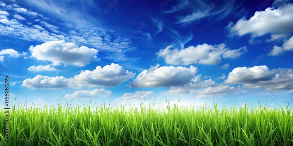 A serene landscape with a seamless grass silhouette against a bright blue sky with fluffy white clouds , foliage A serene landscape with a seamless grass silhouette against a bright blue sky with fluffy white clouds , foliage