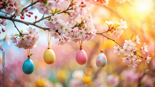 Colorful glossy Easter eggs hang from the delicate branches of a blooming cherry blossom tree under a soft warm spring sun, cherry blossoms, eastern theme photo