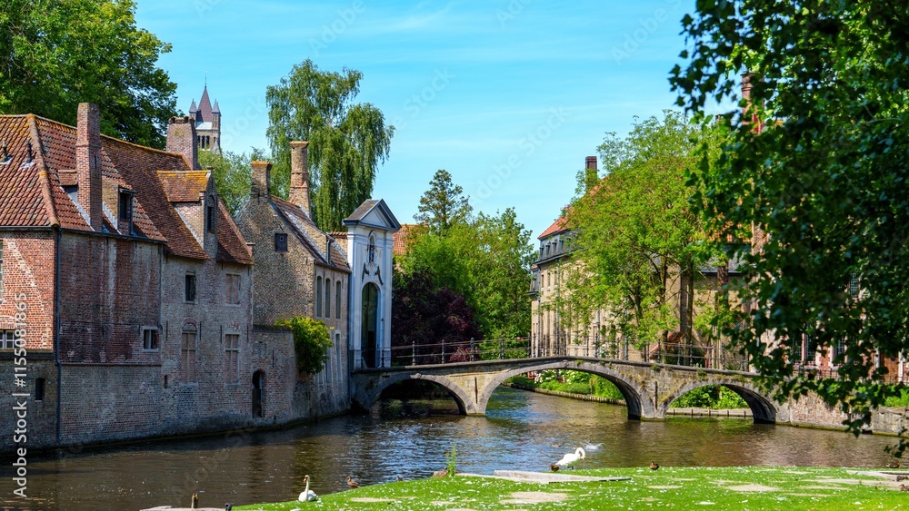 Fototapeta premium A serene view of a canal in Brugge, Belgium. Colorful buildings line the water, and a charming bridge arches over. The still water mirrors the sky, making it an ideal relaxing getaway.