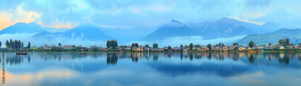 Naklejka premium Scenic view of mountains reflected in tranquil lake waters.