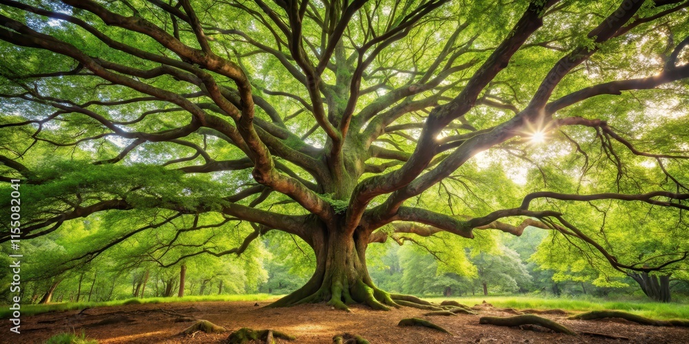 Tree in forest with large trunk and sprawling branches, big tree, forest, nature, outdoors, tree, foliage, greenery, canopy Tree in forest with large trunk and sprawling branches, big tree, forest, nature, outdoors, tree, foliage, greenery, canopy