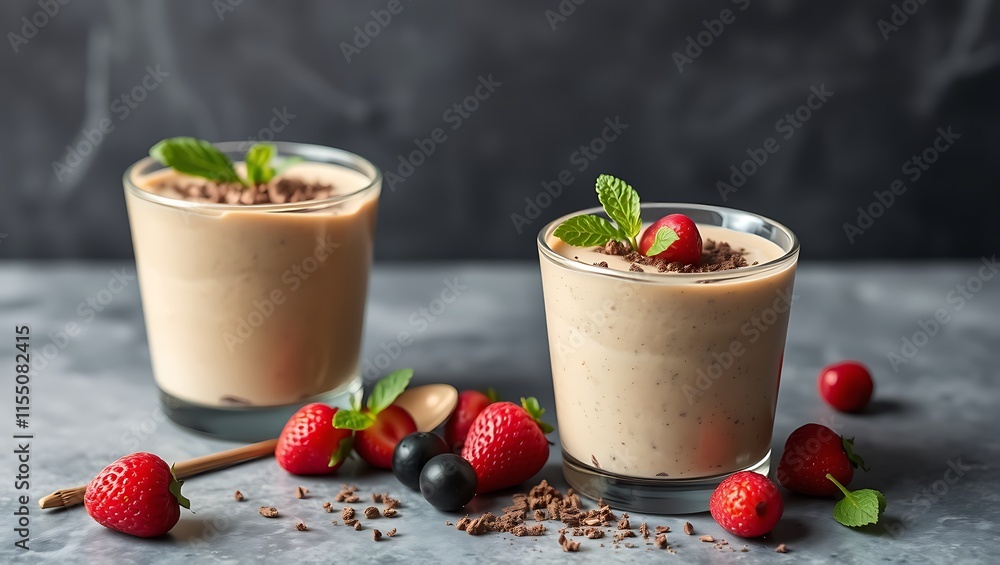Vegan chocolate mousse with mint, bar of chocolate and cocoa beans Vegan chocolate mousse with mint, bar of chocolate and cocoa beans