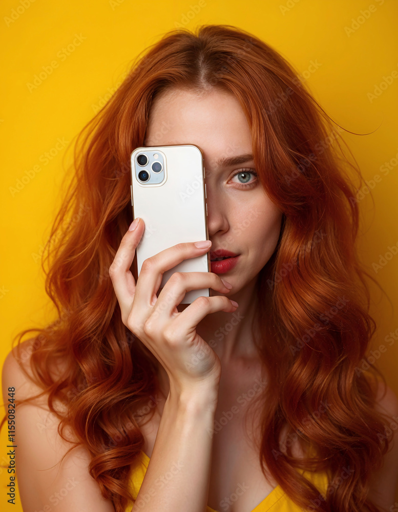 A woman with red hair is holding a cell phone up to her face. Concept of playfulness and humor, as the woman is pretending to take a selfie with the phone. The yellow background adds a pop of color