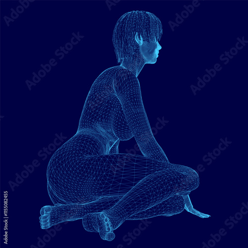 Woman is sitting on the ground with her legs crossed. The image is in blue and has a futuristic feel to it