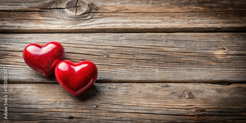 Valentines Day Background Two Red Hearts On Vintage Wooden Table, hearts, intimate setting,  hearts photo