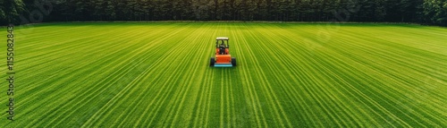 Tractor mowing lush green grass in a vast field landscape. photo