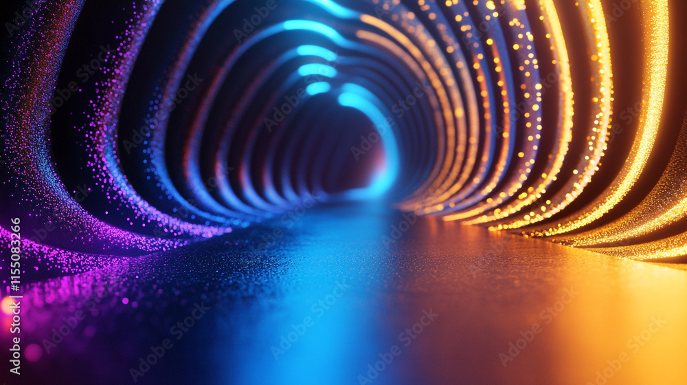 Obraz premium Black Background Featuring Pink and Blue Neon Arches and Swirls, Radiating Neon Light Burst, futuristic flashes, Motion lights, Colorful Streaks on Dark Background