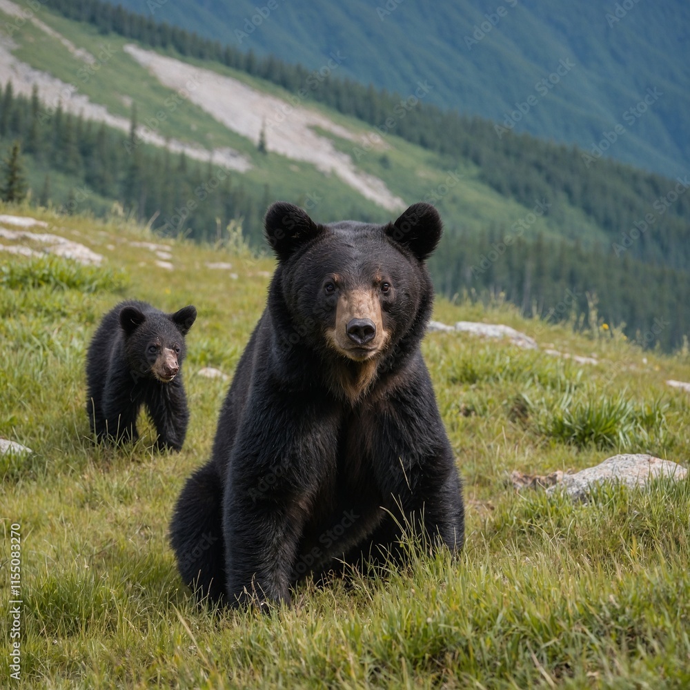 Fototapeta premium A black bear cub playing near its mother in the mountains, white background.