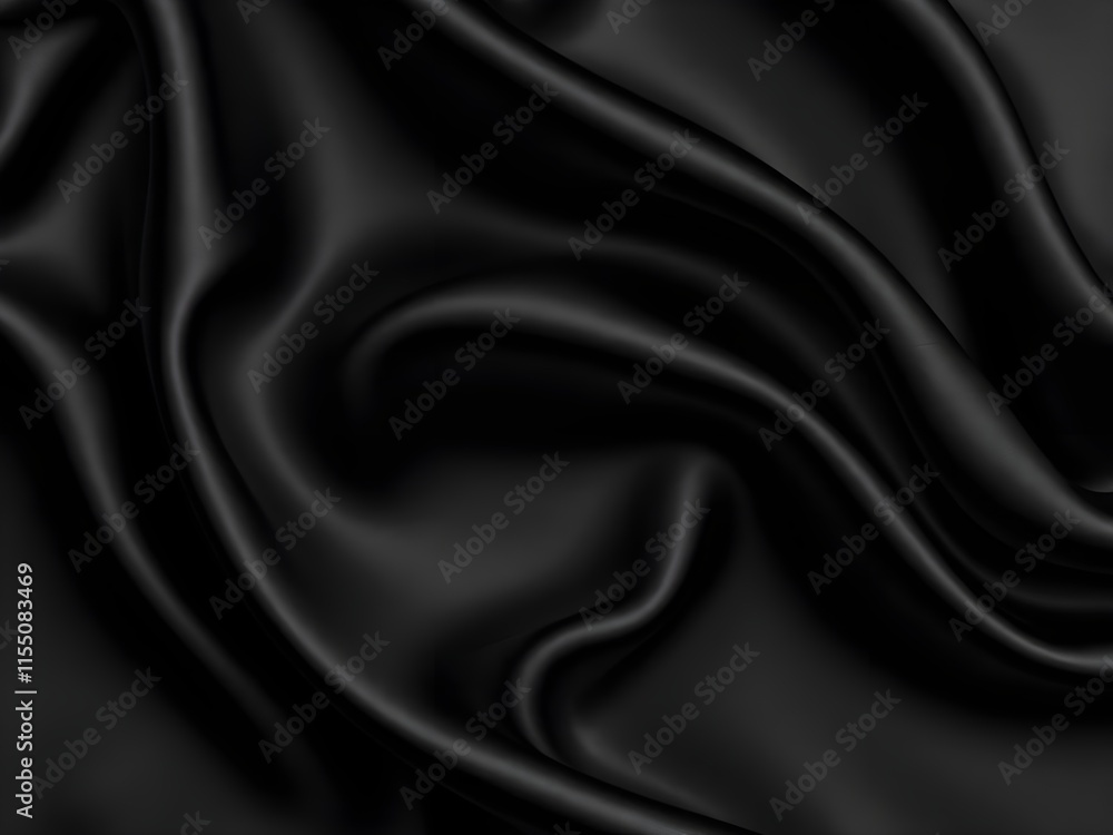 Abstract black background. Black silk satin texture background. Beautiful soft folds on the fabric. Black elegant background with copy space for your design. Abstract black background. Black silk satin texture background. Beautiful soft folds on the fabric. Black elegant background with copy space for your design.