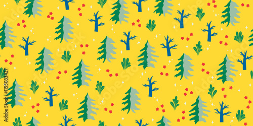 Christmas beautiful green trees seamless pattern repeating colorful elements trendy vector illustration background