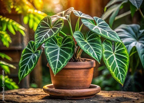 Alocasia Sanderiana Bull in Clay Pot - Double Exposure photo