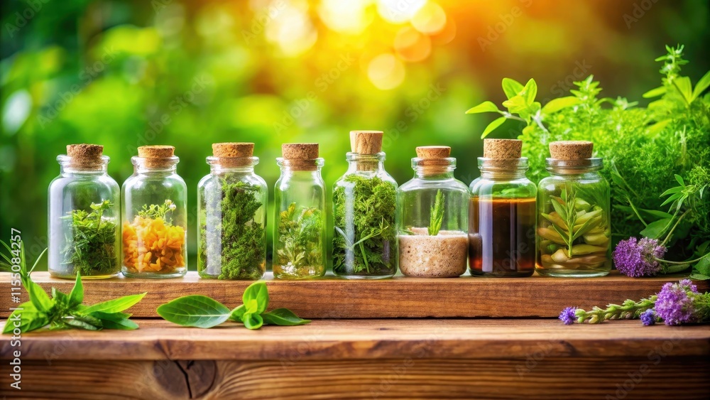 Herbal remedies in a glass bottle on a wooden shelf , greenery, health, greenery, health Herbal remedies in a glass bottle on a wooden shelf , greenery, health, greenery, health