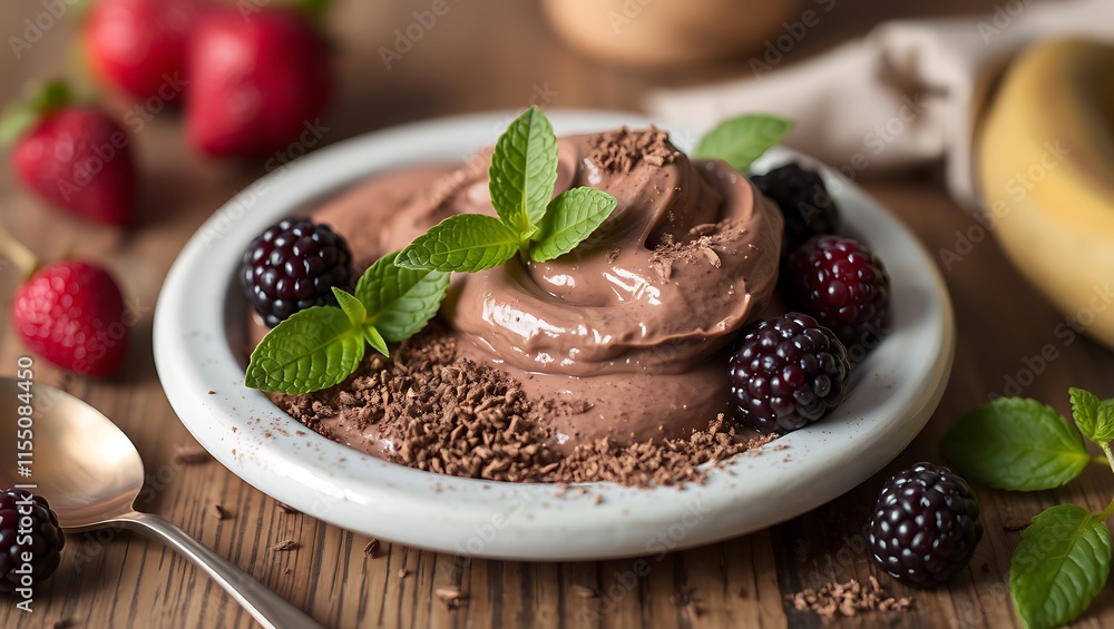 Vegan chocolate mousse with mint, bar of chocolate and cocoa beans Vegan chocolate mousse with mint, bar of chocolate and cocoa beans