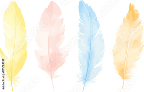 Set of watercolor feather clip art Pastel colors isolated on white background
