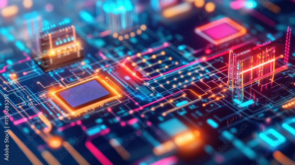 Obraz premium Abstract Circuit Board: Neon Glow, Digital Technology, Microchip, Processor, Innovation, Electronic Components, 