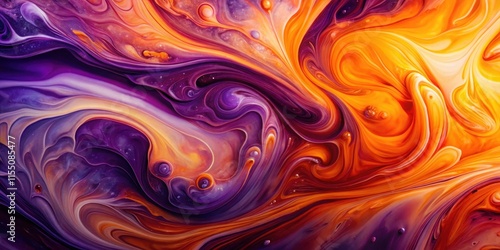 Abstract fluid art with vibrant purple and orange swirls blending gracefully on canvas, fluid art, abstract, vibrant, purple