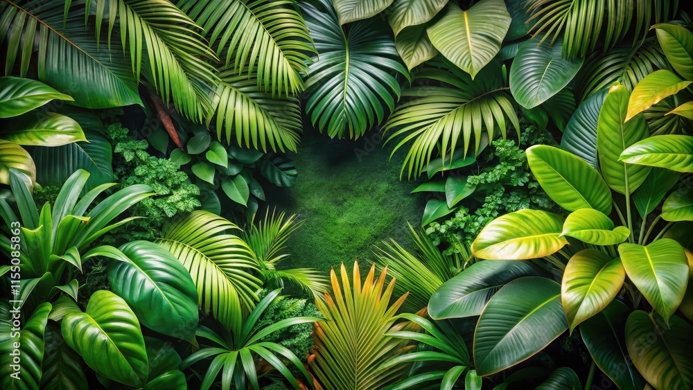 Fototapeta premium Lush green tropical foliage with vibrant leaves and exotic plants, lush, green, tropical, foliage, vibrant, leaves, exotic, plants