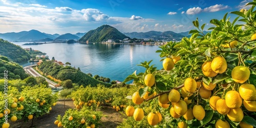 Lemon orchard by the Seto Inland Sea in Onomichi City, Hiroshima Prefecture, Japan, lemon, orchard, Seto Inland Sea