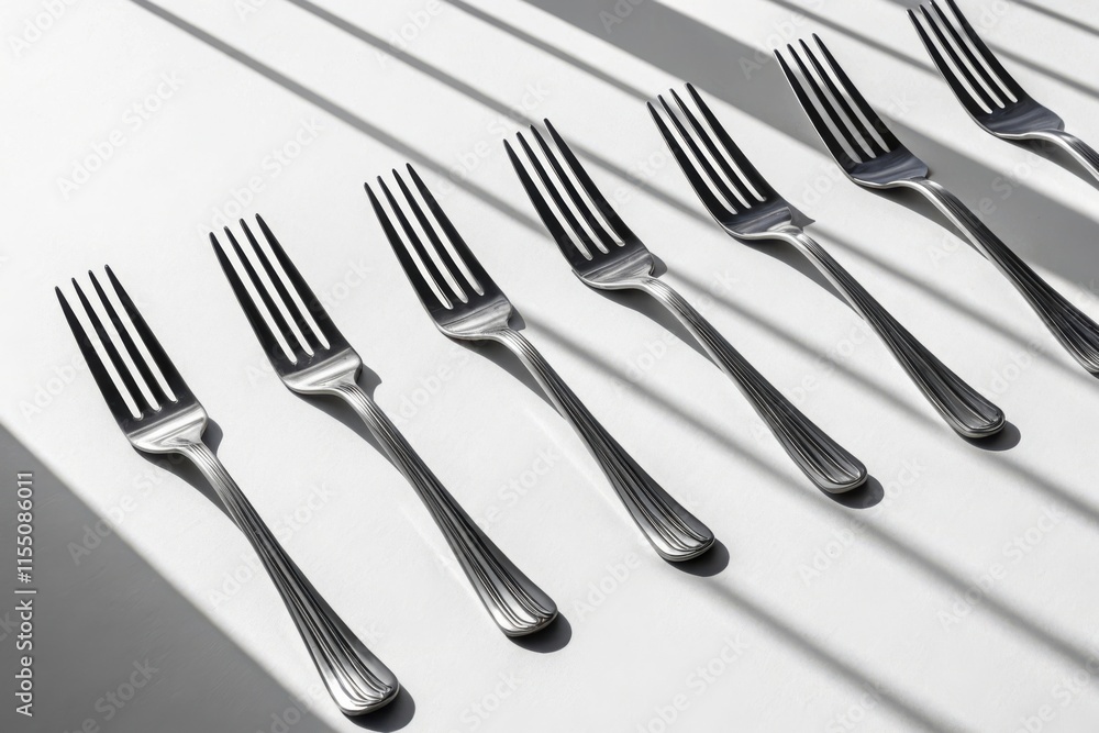 Arrangement of forks in a minimalist studio setting highlighting shadows and reflections Arrangement of forks in a minimalist studio setting highlighting shadows and reflections