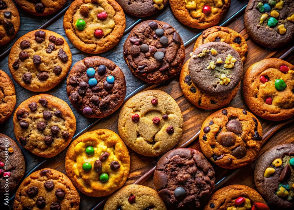 Close-up of diverse, surreal chocolate chip cookies. Close-up of diverse, surreal chocolate chip cookies.