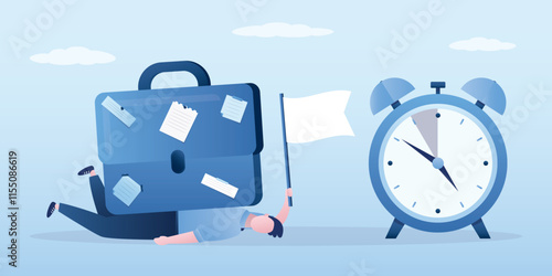 Tired manager lying under heavy briefcase with notes. Excessive workload, task overload, hard work. Male employee holds white flag, giving up. Alarm clock with deadline, concept.