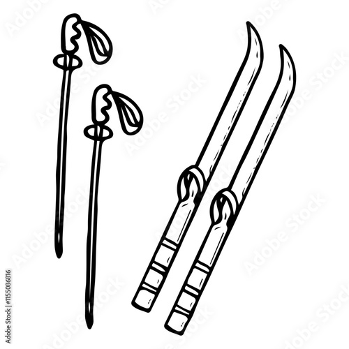 Skis and poles hand drawn doodle. Downhill. Sports equipment. Long runners for walking on snow. Ski resort. Winter games tool. Vacation. Vector line art illustration.