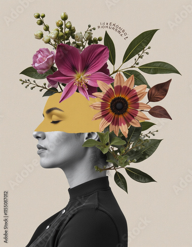 A woman's face is covered in flowers, with a yellow background. The flowers are arranged in a way that makes the woman's face look like a flower head. The image is a creative