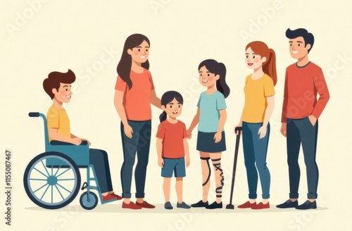 Diverse people with disabilities. Man sitting in a wheelchair, girls with prosthetics and a blind man with a stick, man with crutches