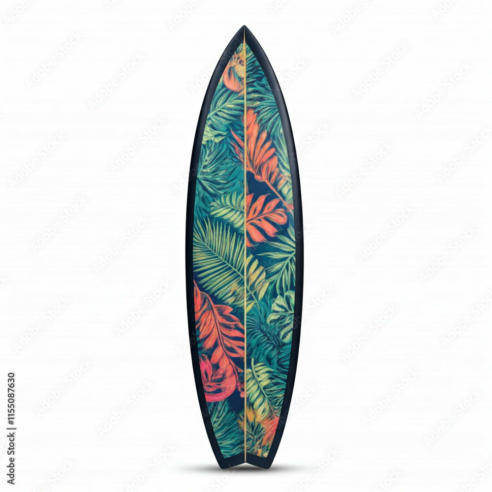 tropical surfboard design with colorful leaves on white background tropical surfboard design with colorful leaves on white background
