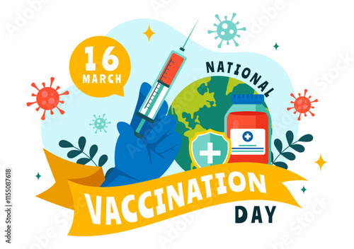 National Vaccination Day Illustration Celebrated on March 16, Featuring a Vaccine Syringe to Promote Strong Immunity and Health Care in a Background