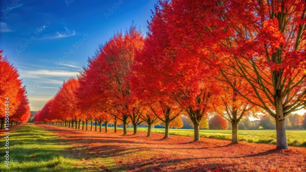 Naklejka premium Red autumn foliage glows in a row of trees on a sunny fall day in the countryside, autumn, foliage, red, trees, country lane