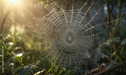 A spider's web glistens with dew in the soft morning light, earthy tones, outdoor photography