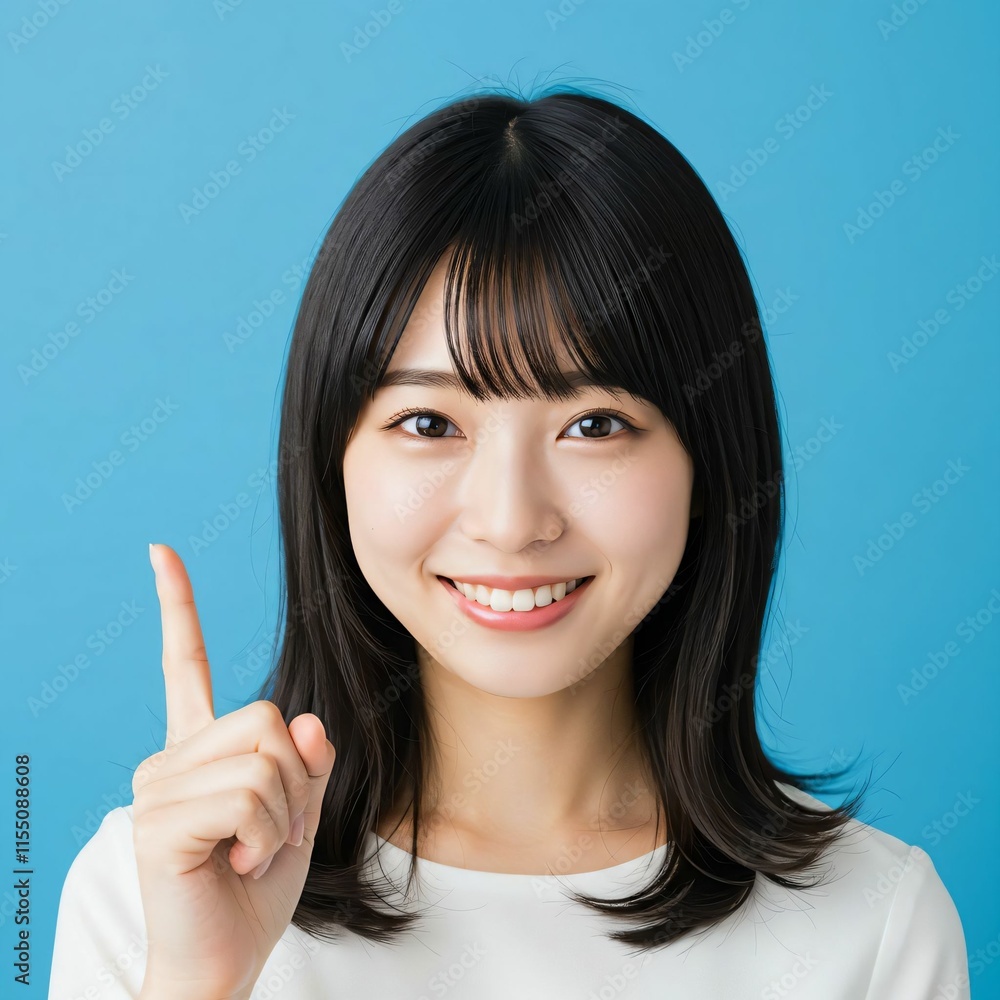 Japanese Woman with Long Black Hair Smiling Against Blue Background, Expressing a Bright Idea Japanese Woman with Long Black Hair Smiling Against Blue Background, Expressing a Bright Idea