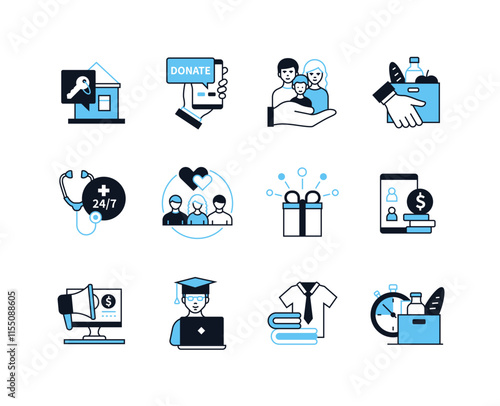 Helping the needy and charity - line design style icons set