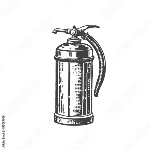 Fire extinguisher sketch engraving vector illustration. T-shirt apparel print design. Black and white hand drawn image.