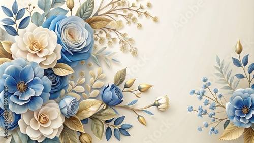 Elegant arrangement of blue and cream flowers with gold leaves, elegant, blue, cream, flowers, gold, leaves, arrangement