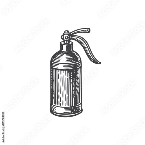 Fire extinguisher sketch engraving vector illustration. T-shirt apparel print design. Black and white hand drawn image.