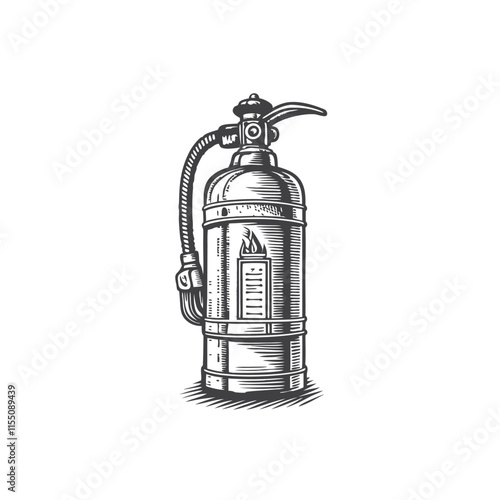 Black silhouette Fire extinguisher in vintage engraving style. Hand drawn sketch vector illustration
