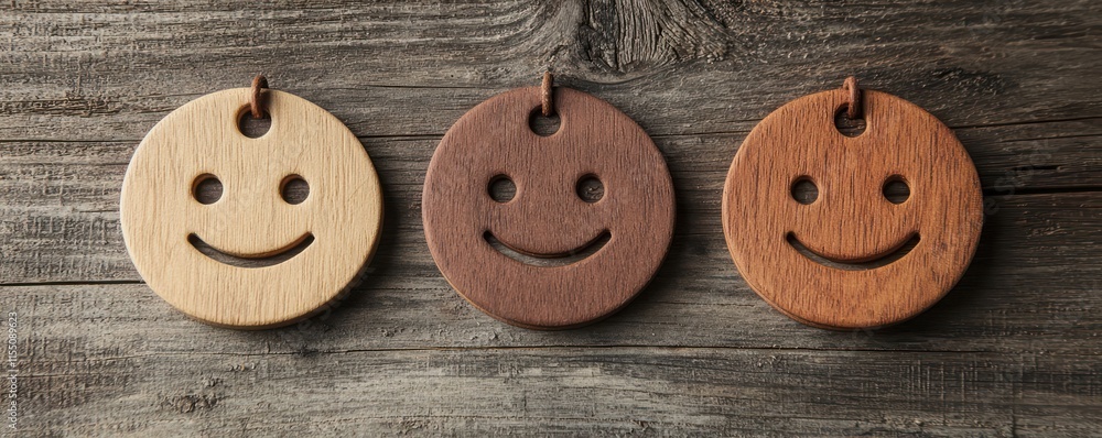 Wooden labels with happy, neutral, and sad faces collect service feedback from customers.