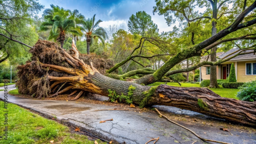 Fallen tree lying on the ground post hurricane, destruction, natural disaster, aftermath, fallen, damaged, wooden