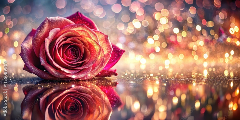 Glittering rose petal on a mirrored surface, glamour , shiny abstract, glamour Glittering rose petal on a mirrored surface, glamour , shiny abstract, glamour