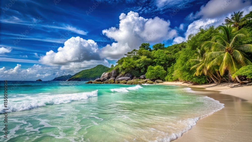 Obraz premium Serene tropical wave at Seychelles beach with coral reef in background