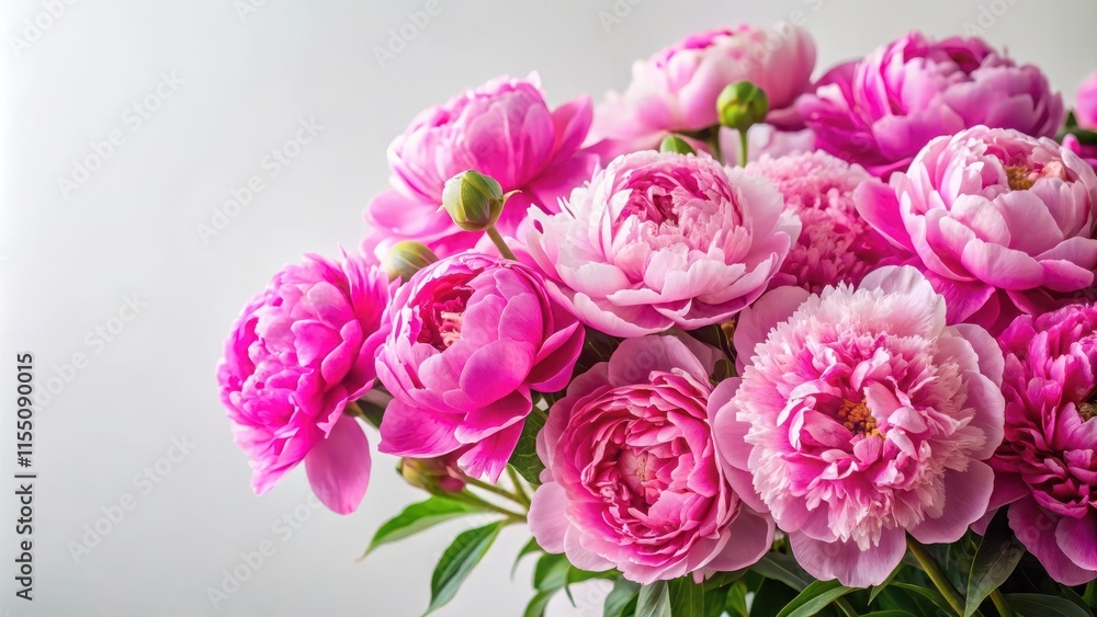Colorful pink peonies in full bloom against a soft white background Colorful pink peonies in full bloom against a soft white background