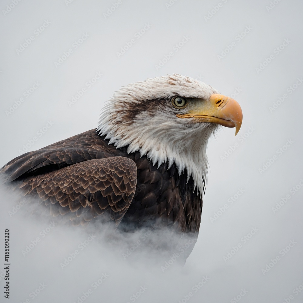 Fototapeta premium A bald eagle surrounded by faint cloud outlines on a white backdrop.
