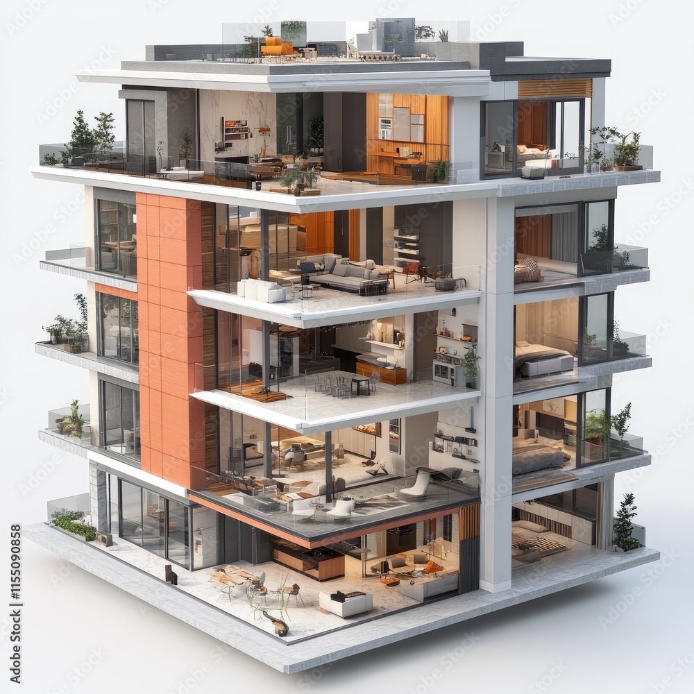 Modern apartment building cutaway showing interior design. Modern apartment building cutaway showing interior design.