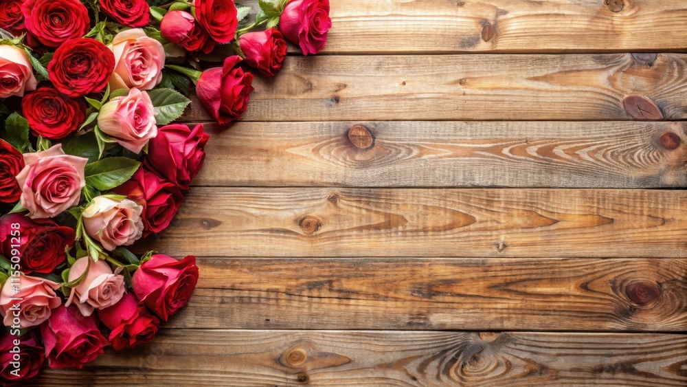 Wooden wall adorned with a bouquet of fresh roses in varying shades of red and pink hues , decoration Wooden wall adorned with a bouquet of fresh roses in varying shades of red and pink hues , decoration