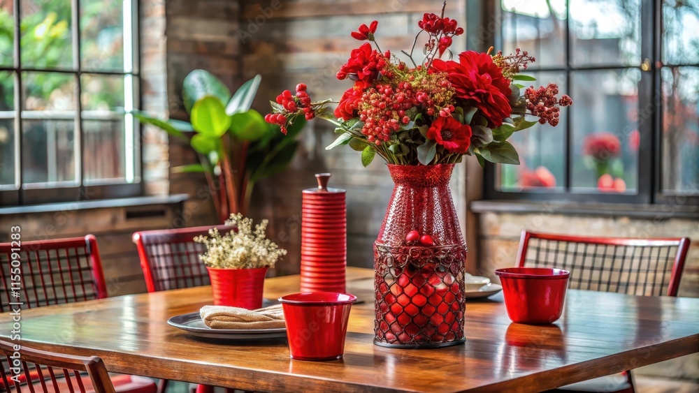 Rusted metal dining table centerpiece with red glass vase and artificial flowers Rusted metal dining table centerpiece with red glass vase and artificial flowers