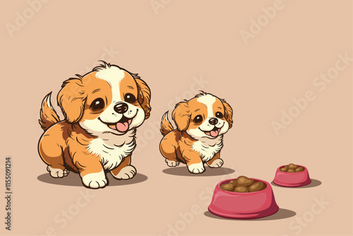 Cute Dogs Going For eating Dog Food , Vector Illustration Design.