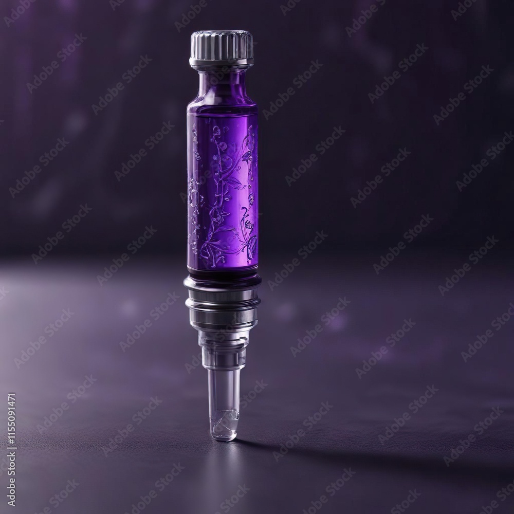 Dark purple syringe with intricate glasswork and silvery shadows, rare, vintage Dark purple syringe with intricate glasswork and silvery shadows, rare, vintage